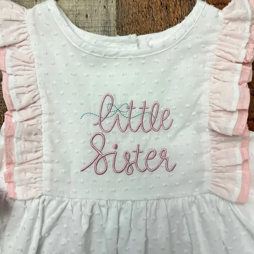 Stitchy Fish Little Sister Dress White Pink Ruffle Girls Multiple Sizes Avail.